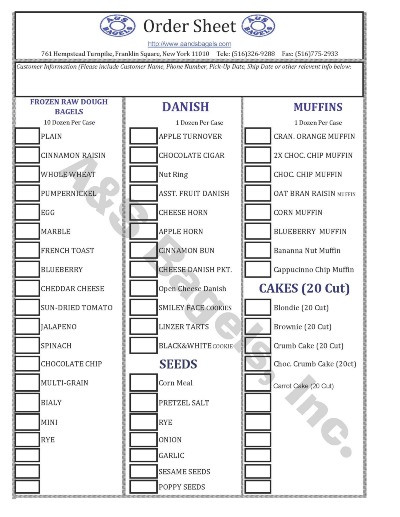 Raw Dough Bagels Order Sheet